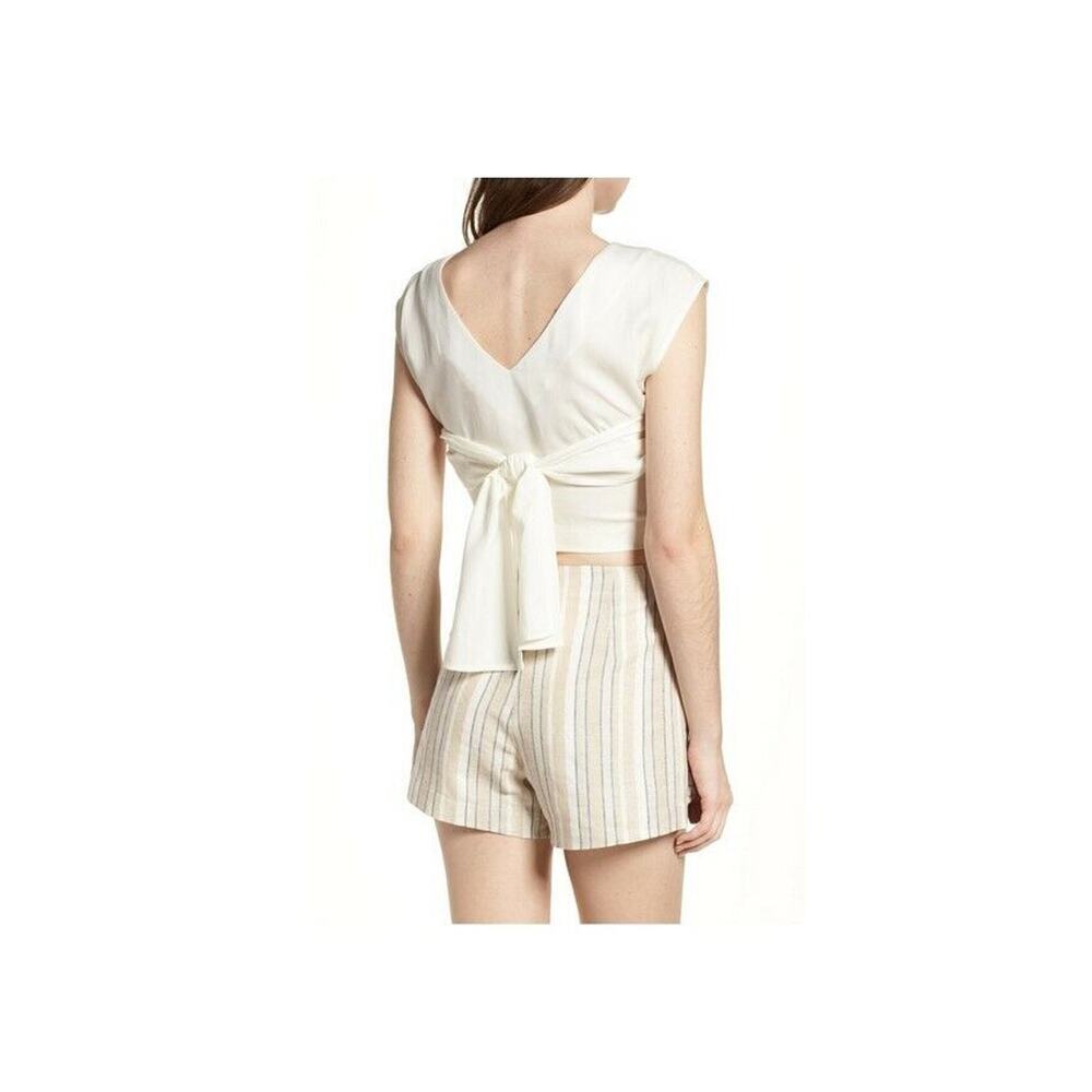 J.O.A. Pleated Shoulder Sleeveless Faux Wide Strap Wrap Top Cream Size M - Picture 2 of 4